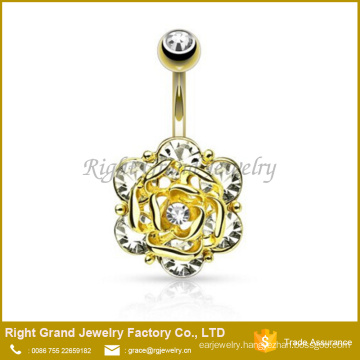 Gold Plated Surgical Steel Gems CZ Flower Pattern Navel Belly Ring